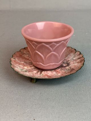 Antique Chinese Pink Peking Glass tea cup Bowl With Enamel Lotus Petal Saucer 2