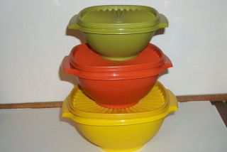 Usa Vtg Set Of 3 Tupperware Servalier Bowls W/seals - Graduated - Fall Colors