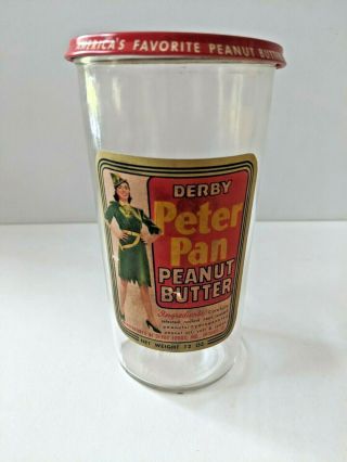 Vintage Derby Peter Pan Peanut Butter Glass Jar With Label And Press - On - Top Lid