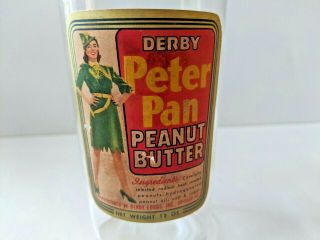 Vintage Derby Peter Pan Peanut Butter Glass Jar with Label and Press - On - Top Lid 2
