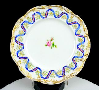 English Antique Porcelain Blue Ribbon Roses Gold Accents Scalloped 9.  1 " Plate