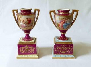 Good Antique 19th C Austrian Royal Vienna Painted Porcelain Vases C1880