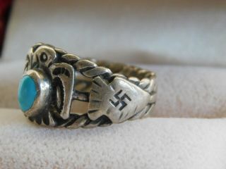 Antique Native American Old Pawn Turquoise Whirling Logs & Thunderbird Ring