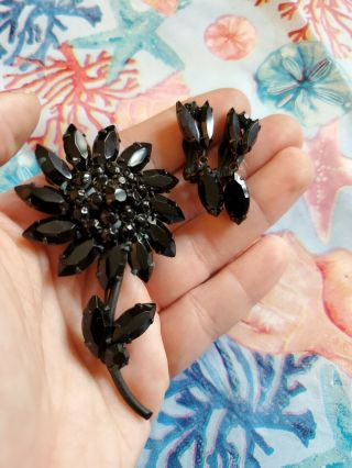 Vintage Jappaned Black Rhinestone Flower Brooch And Earrings