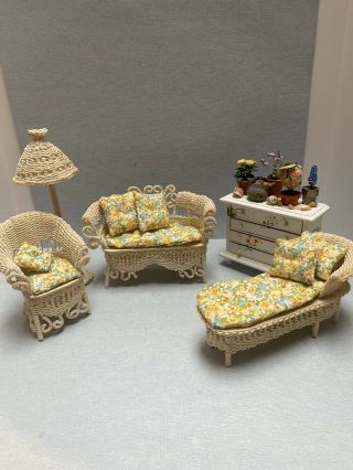 Dollhouse Miniature Vintage Custom Artisan Signed Wicker Furniture Flowers 1:12