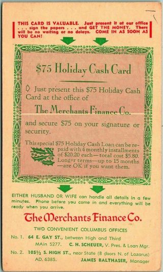 Vintage Columbus,  Ohio Advertising Postcard Merchants Finance Co.  Bank Christmas