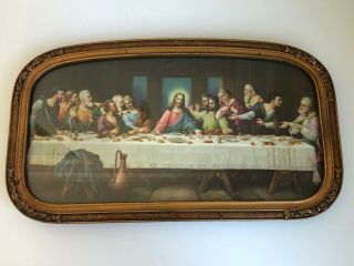 Antique The Last Supper Jesus Religious Litho Print Arched Gesso Frame