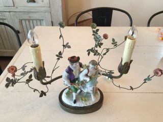 Antique Gilt French Boudoir Lamp Porcelain Metal Flowers & Dancing Figures