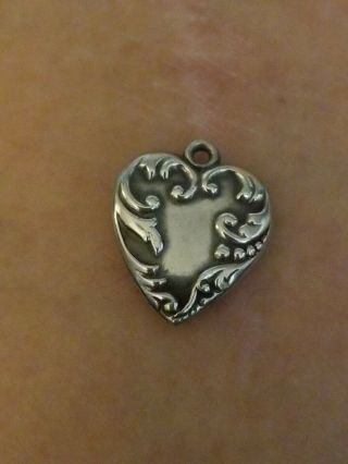 Vtg Sterling Silver Art Nouveau Style Repousse Puffy Heart Charm Engraved Joe