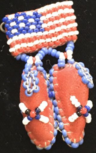 Vintage Native American Beaded Hand Crafted Pin Dangling Shoes American Flag