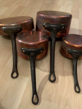 Vintage Set Of 4 French Copper Pans/saucepans With Cast Handles