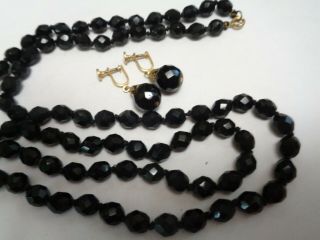 Vintage Art Deco Long Hand Knotted Black Jet Glass Beaded Necklace & Earrings