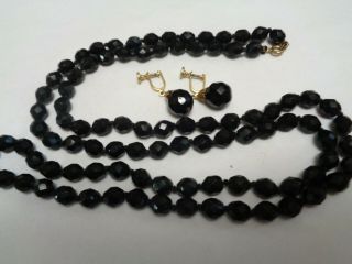 Vintage ART DECO LONG Hand Knotted Black Jet GLASS Beaded Necklace & Earrings 2