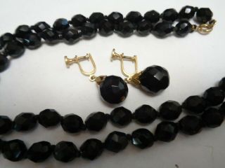 Vintage ART DECO LONG Hand Knotted Black Jet GLASS Beaded Necklace & Earrings 3