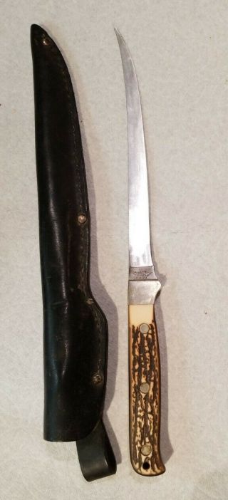 Vintage Schrade Usa Uncle Henry Fillet Knife 167 With Black Leather Sheath