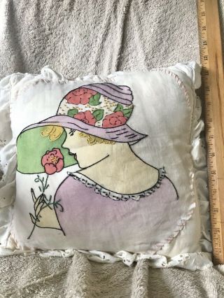 Sweet Vintage Embroidered Tinted Vogart Pillow Art Deco Woman Hat Flower