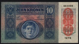 1915 Austria 10 Kronen 1919 Overprint Vintage Paper Money Banknote Currency Aunc
