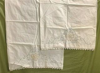 2pc Set Of Vintage White Pillowcases W/ Blue Floral Embroidery & Crochet Inset