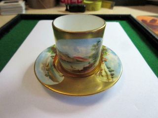 Antique Coalport Gold Gilded Miniature Cup & Saucer With Handpainted Scenes