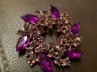 Pretty Vintage Purple Rhinestone Flower Pin Brooch W/navette & Round Stones