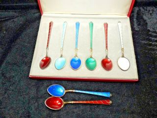 (8) Ela Denmark Sterling Silver Guilloche Enameled Demitasse Spoon Boxed Set