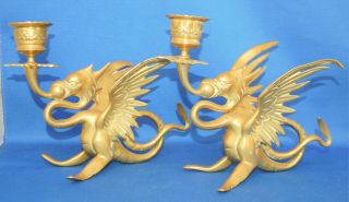 A Victorian Gothic Brass Dragon Or Gryphon Chamber Candlesticks,  Unusual
