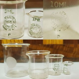 Pyrex Vtg Old Beaker Set Glass Stack 20ml 10ml 5ml 1ml Glassware Green Label