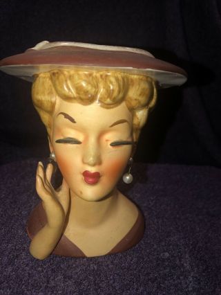 Vintage Lee Wards Lady Head Vase W Pearl Jewelry Taupe Dress Orig.  Tag.  Mcm