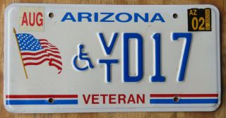 Arizona Disabled Veteran Specialty License Plate 2002 V17
