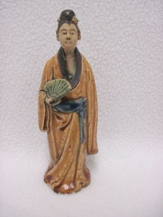 Vintage Chinese Mud Man Figure Standing With Fan 5 3/8 " Tall Green Blue Tan