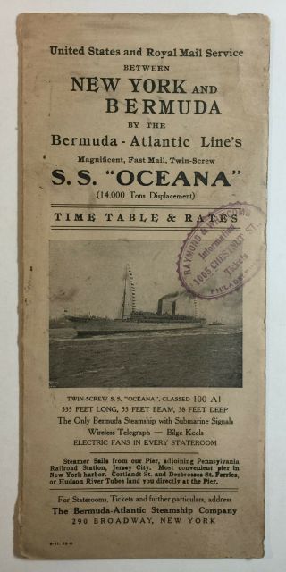 Bermuda Atlantic Lines Ss Oceana Time Tables Brochure York To Bermuda 1911