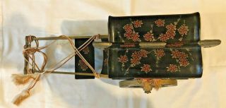 Antique Vintage Japanese Black Lacquer Jewelry Music Box Rickshaw Swan Japan