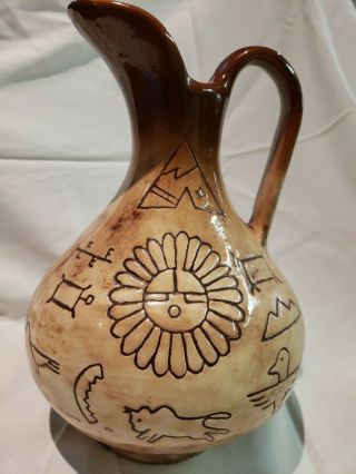 Vintage Pictograph Native American Vase Ceramic Pottery Glazed Water Pitcher
