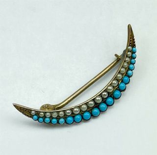 Antique Victorian Silver & Seed Pearl & Turquoise Crescent Moon Brooch Pin 007
