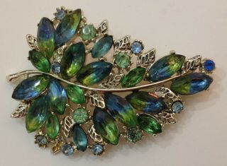 Vintage Art Givre Leaf Pin Brooch Gold Tone Pale Blue Green