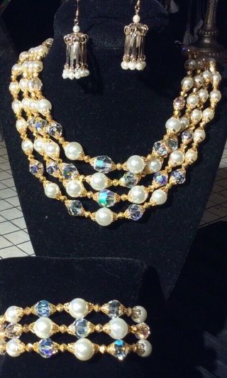 Vintage Multi Strand Necklace,  Earrings And Bracelet Set.