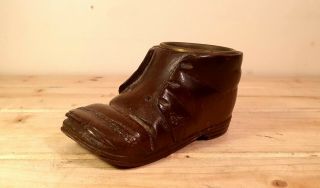 Vintage Hand Carved Wooden Boot With Brass Inlay,  Letter A On Base