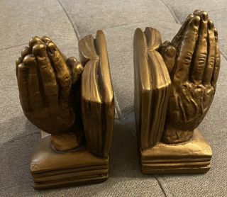 Vintage Molded Brass Bronze Metal Praying Hands Religious Bookends
