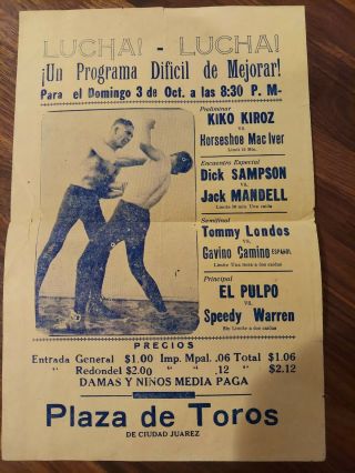 Extremely Rare Early Wresing Poster 1930s Speedy Warren Vs El Pulpo