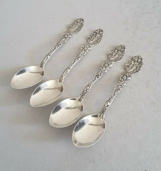 PRETTY SET 4 ANT.  AMERICAN SOLID STERLING SILVER TEA SPOONS.  GORHAM c.  1900. 2