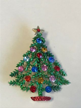 Vintage Bj Signed Branchy Green Enamel W Colorful Rhinestones Christmas Tree Pin