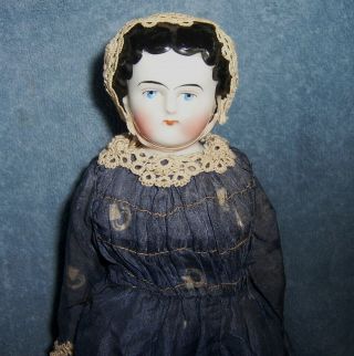 Pretty Antique 12 " German Porcelain China Head Doll In Blue Silk Gown
