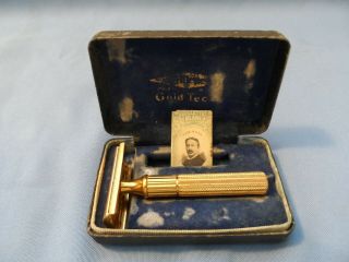 Vintage 1940s Gillette Gold Tech Gold Plated 3 Piece Safety Razor Orig.  Box Usa