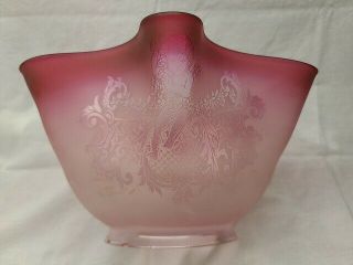 Antique Cranberry Etched Glass Shade Cupid And Old Man Winter.  4 " Fitter