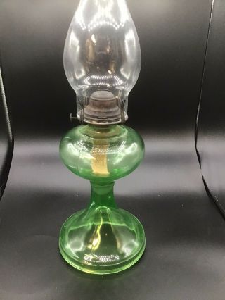 Antique Green Depression/vaseline Glass Oil Lamp With Chimney