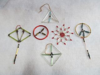 6 Vtg Christmas Mercury Glass Bead & Wire Ornaments - Assorted Shapes - Czech?
