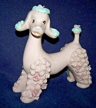 Vintage Ceramic Spaghetti Poodle Dog Figurine Pink With Roses Ucago