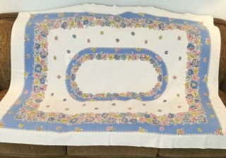 Vintage Tablecloth White With Blue,  Yellow & Pink Flowers 61 " X 50 "