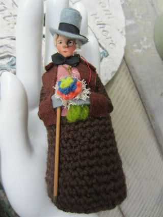 Vintage Ooak Dollhouse Miniature Handmade 5 " Dapper Man Doll Crochet Fabric Felt