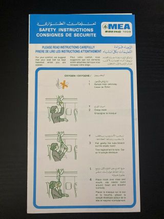 Mea Middle East Airlines Boeing 720b Safety Card